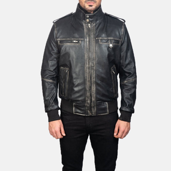 NOORA Authentic Lambskin Men's Black Leather Jacket, Cafe Racer Slim Fit Bomber Jacket YK0256 - Noora International