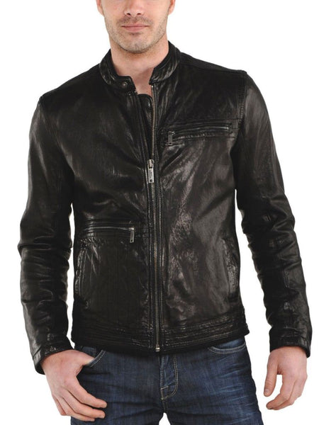 Noora Autumn Winter Men's Stand Collar Zipper Lambskin Leather Motorcycle Slim Fit Biker Jacket Black - Noora International
