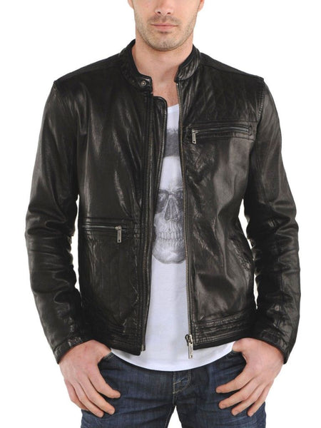 Noora Autumn Winter Men's Stand Collar Zipper Lambskin Leather Motorcycle Slim Fit Biker Jacket Black - Noora International