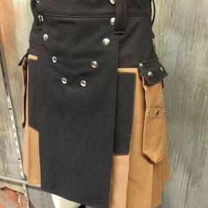 NOORA Black & Biege Leather Pleated straps kilt, unisex adult stylish kilt, Modern Design kilt tactical combat Scottish-SJ220 - Noora International