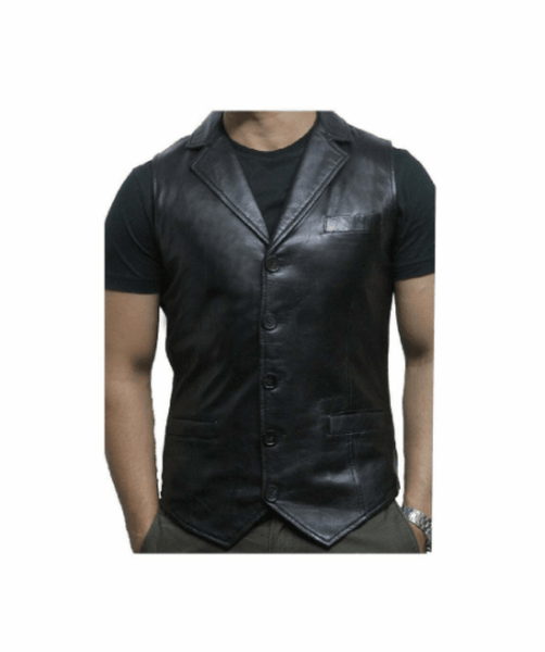 NOORA Black Classic Vest Coat For Men Lambskin Leather Sleeveless Biker Vest Coat With Pocket | SU092 - Noora International