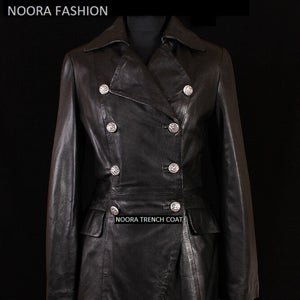 NOORA Black Lambskin Leather Trench Coat Women's Long Overcoat Winter Jacket ,designer trench coat, celebrity Coat - Noora International