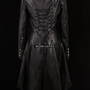 NOORA Black Lambskin Leather Trench Coat Women's Long Overcoat Winter Jacket ,designer trench coat, celebrity Coat - Noora International