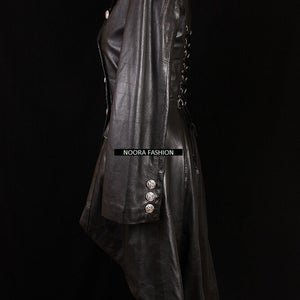 NOORA Black Lambskin Leather Trench Coat Women's Long Overcoat Winter Jacket ,designer trench coat, celebrity Coat - Noora International