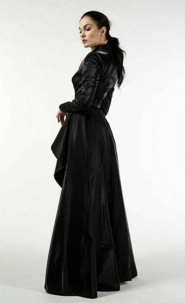 Noora Black Leather Long Gothic trench Coat Pleated Autumn Haute Celebrity Dress - Noora International