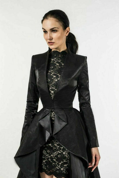 Noora Black Leather Long Gothic trench Coat Pleated Autumn Haute Celebrity Dress - Noora International