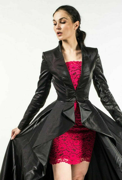 Noora Black Leather Long Gothic trench Coat Pleated Autumn Haute Celebrity Dress - Noora International