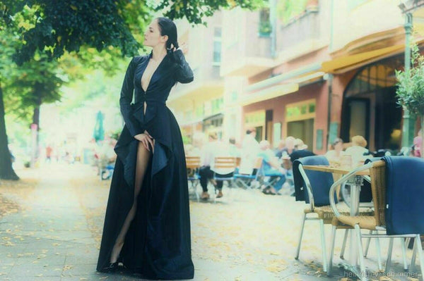 Noora Black Leather Long Gothic trench Coat Pleated Autumn Haute Celebrity Dress - Noora International