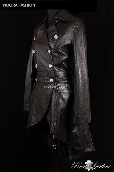 NOORA Black Leather Trench Coat Women's Long Overcoat Winter Jacket ,Designer Trench Coat, Celebrity Coat -Sj506 - Noora International