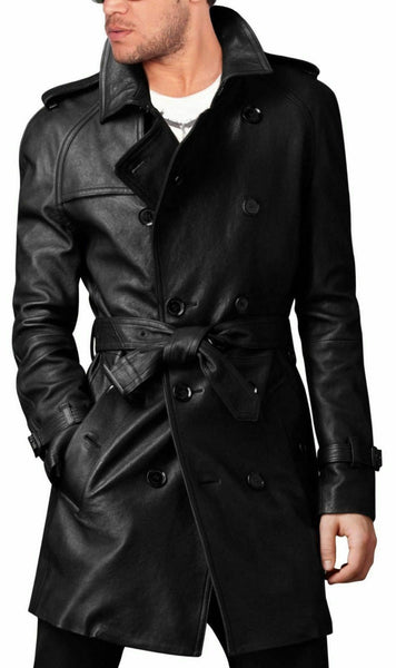 NOORA Brand New Men's Genuine Real Soft Lambskin Leather Trench Coat Long WA438 - Noora International