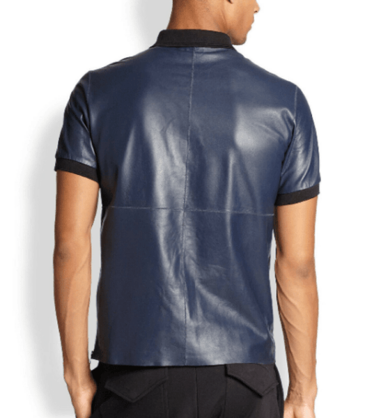NOORA Classic Men's Blue Lambskin Leather T- Shirt with Rib Collar |GYM Leather T-shirt | Navy Blue Leather T-Shirt SU0156 - Noora International