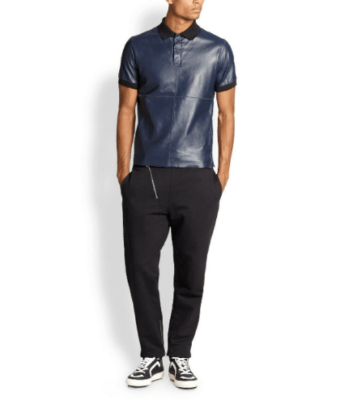 NOORA Classic Men's Blue Lambskin Leather T- Shirt with Rib Collar |GYM Leather T-shirt | Navy Blue Leather T-Shirt SU0156 - Noora International