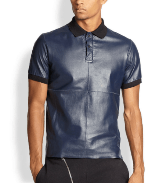 NOORA Classic Men's Blue Lambskin Leather T- Shirt with Rib Collar |GYM Leather T-shirt | Navy Blue Leather T-Shirt SU0156 - Noora International