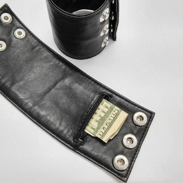 NOORA Cuff Wallet Boho Black Leather Bracelet Wrist Wallet Travel Wallet Arm Wallet Music Festival Bracelet Hidden Wearable Money Clip BS - Noora International