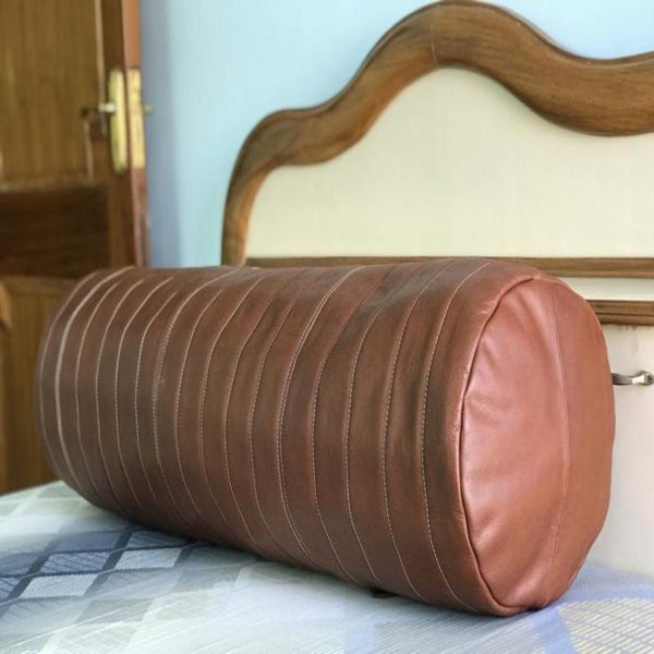 Noora Customized Leather Bolster Cover, Round Shaped Sofa Cushion Cover, Quilted Bolster Pillow Cover SU0142 - Noora International