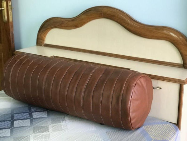 Noora Customized Leather Bolster Cover, Round Shaped Sofa Cushion Cover, Quilted Bolster Pillow Cover SU0142 - Noora International