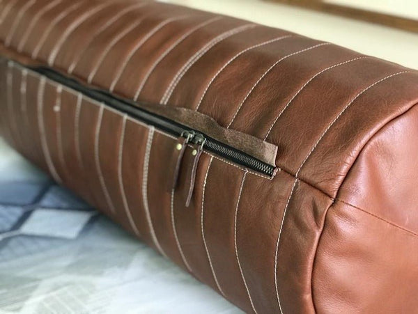Noora Customized Leather Bolster Cover, Round Shaped Sofa Cushion Cover, Quilted Bolster Pillow Cover SU0142 - Noora International