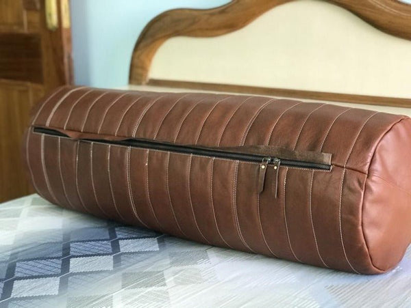 Noora Customized Leather Bolster Cover, Round Shaped Sofa Cushion Cover, Quilted Bolster Pillow Cover SU0142 - Noora International