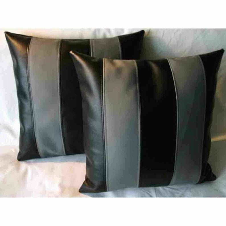 Designer Leather Pillow Square Cover Decorative For Couch Throw Pillow Cushion Black & Grey Stripe
