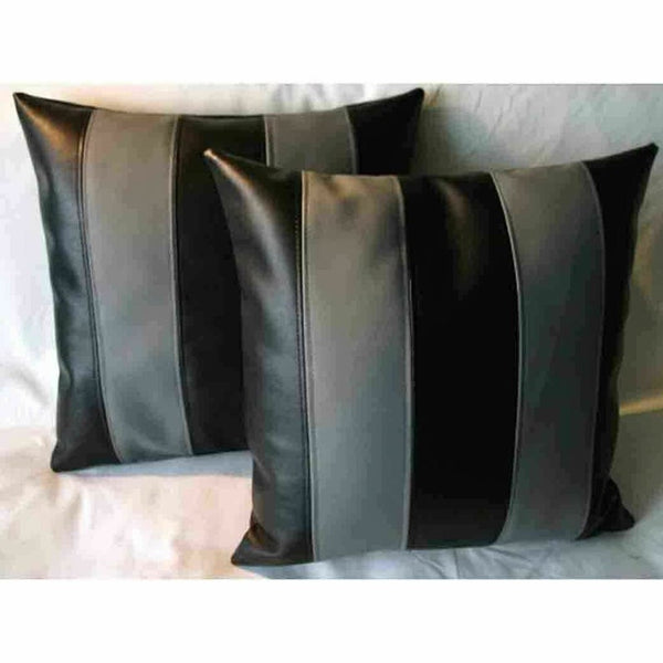 NOORA Designer Leather Pillow Square Cover Decorative For Couch Throw Pillow Handmade Cushion Black & Grey Stripe Paneled Cushion Case SJ10 - Noora International