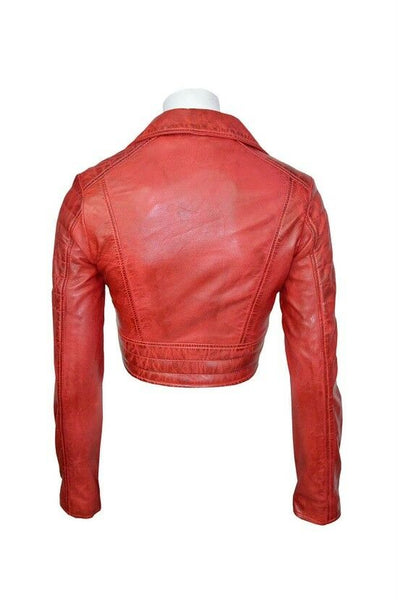 Noora Distress RED Women Leather Croppe Biker Jacket With Long Sleeve Jacket- SK160 - Noora International