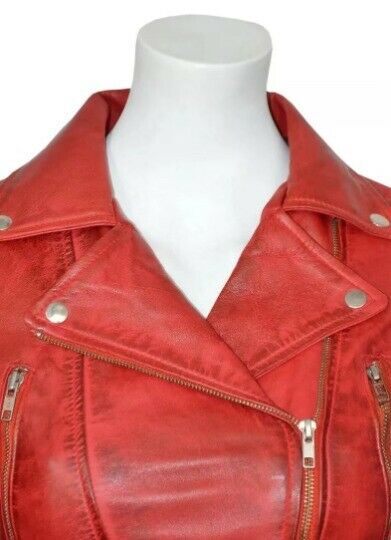 Noora Distress RED Women Leather Croppe Biker Jacket With Long Sleeve Jacket- SK160 - Noora International