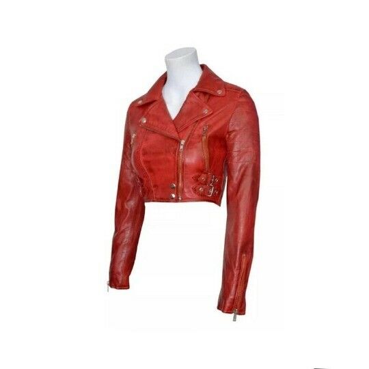 Noora Distress RED Women Leather Croppe Biker Jacket With Long Sleeve Jacket- SK160 - Noora International