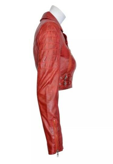 Noora Distress RED Women Leather Croppe Biker Jacket With Long Sleeve Jacket- SK160 - Noora International