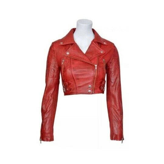 Noora Distress RED Women Leather Croppe Biker Jacket With Long Sleeve Jacket- SK160 - Noora International