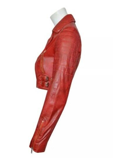 Noora Distress RED Women Leather Croppe Biker Jacket With Long Sleeve Jacket- SK160 - Noora International