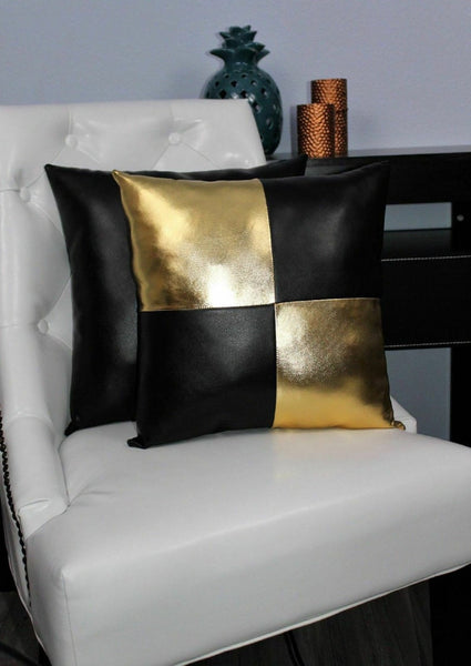 NOORA Doll house Throw Square Pillow Gold & Black colours , Two-Toned Soft Lambskin Leather Cushions Modern Doll house Miniatures SJ347 - Noora International