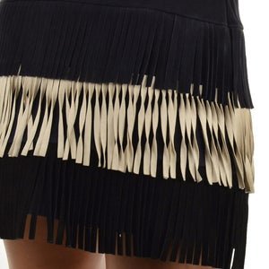 NOORA DROME Woman black Leather Black Skirt white Fringed Straight Pencil Leather Mini Skirt,vintage skirt,high waist skirt,1980s skirt-SJ76 - Noora International