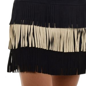 NOORA DROME Woman black Leather Black Skirt white Fringed Straight Pencil Leather Mini Skirt,vintage skirt,high waist skirt,1980s skirt-SJ76 - Noora International