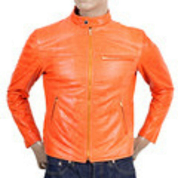 NOORA Fight Club Mens Hot ORANGE Hollywood Film Style Leather Reefer Jacket QD47 - Noora International