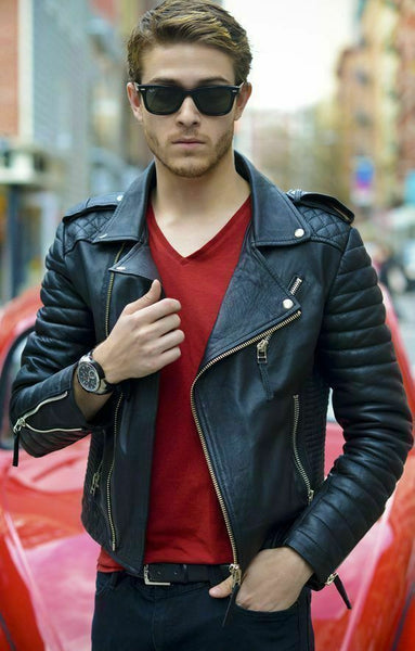 NOORA Genuine Leather Jacket Motorcycle Men Bomber Cafe Racer Black Jacket WA199 - Noora International