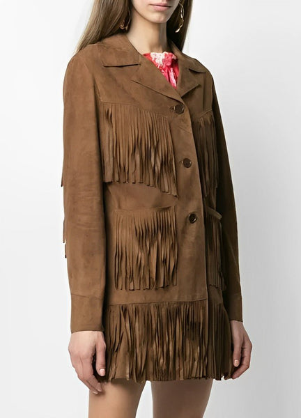 Noora Gorgeous Women Brown Suede Leather Jacket with Fringe Western Style Cow girl Midi Coat YK - Noora International