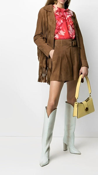 Noora Gorgeous Women Brown Suede Leather Jacket with Fringe Western Style Cow girl Midi Coat YK - Noora International