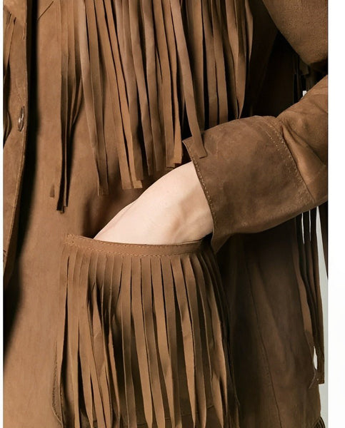 Noora Gorgeous Women Brown Suede Leather Jacket with Fringe Western Style Cow girl Midi Coat YK - Noora International