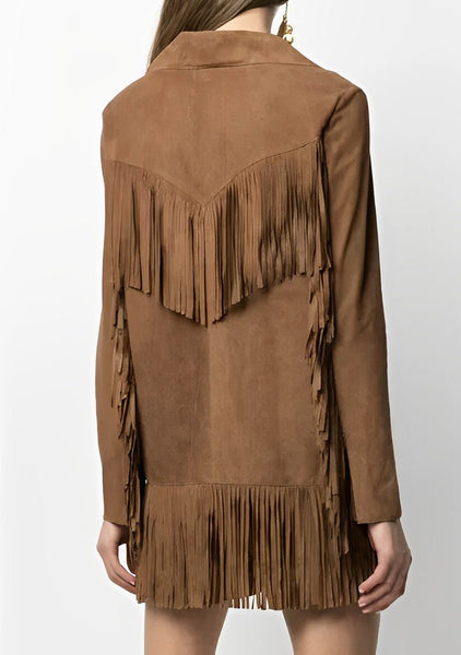 Noora Gorgeous Women Brown Suede Leather Jacket with Fringe Western Style Cow girl Midi Coat YK - Noora International