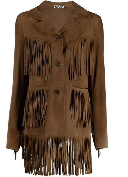 Noora Gorgeous Women Brown Suede Leather Jacket with Fringe Western Style Cow girl Midi Coat YK - Noora International