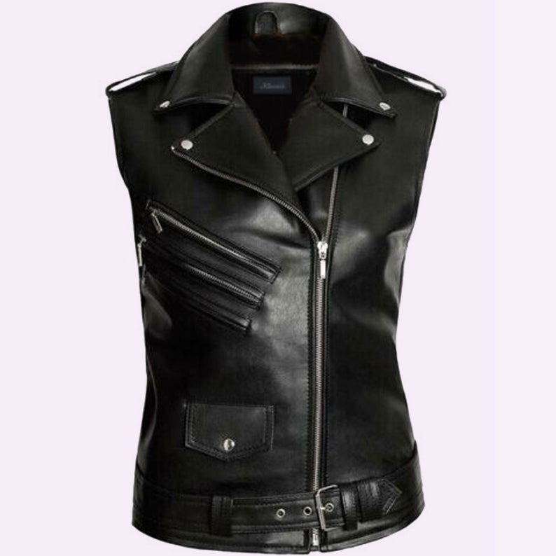 Gothic Steampunk Biker Style Leather Vest Coat With Zipper & Pocket, Belted, Shoulder Strap