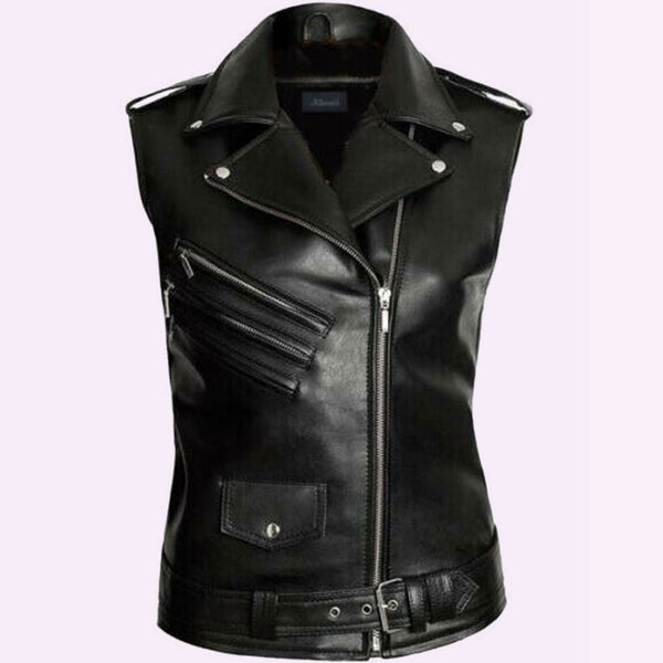NOORA Gothic Steampunk Biker Style Leather Vest Coat With Zipper & Pocket, Belted,Shoulder Strap - Noora International