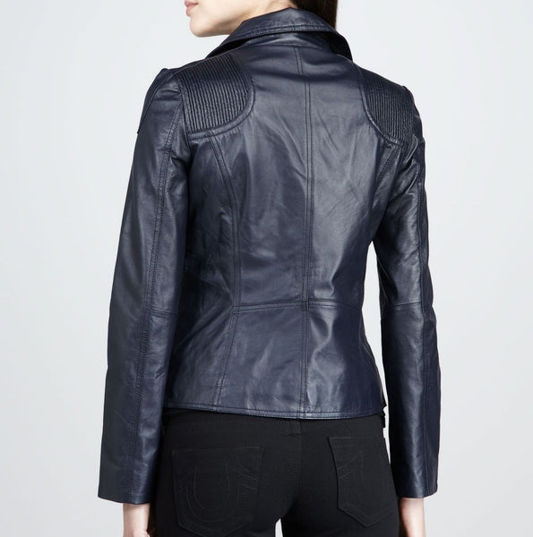 Noora Handcrafted Lambskin Leather Navy Blue Jacket For Women's Motorcycle Biker Leather Jacket - Noora International