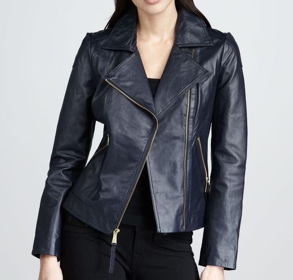 Noora Handcrafted Lambskin Leather Navy Blue Jacket For Women's Motorcycle Biker Leather Jacket - Noora International
