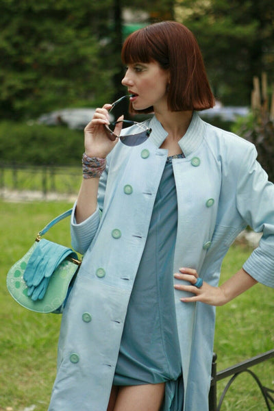 Noora handmade Women 100% genuine lamb lambskin leather Sky Blue trench Coat - Noora International
