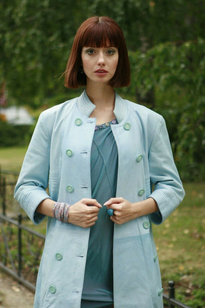 Noora handmade Women 100% genuine lamb lambskin leather Sky Blue trench Coat - Noora International