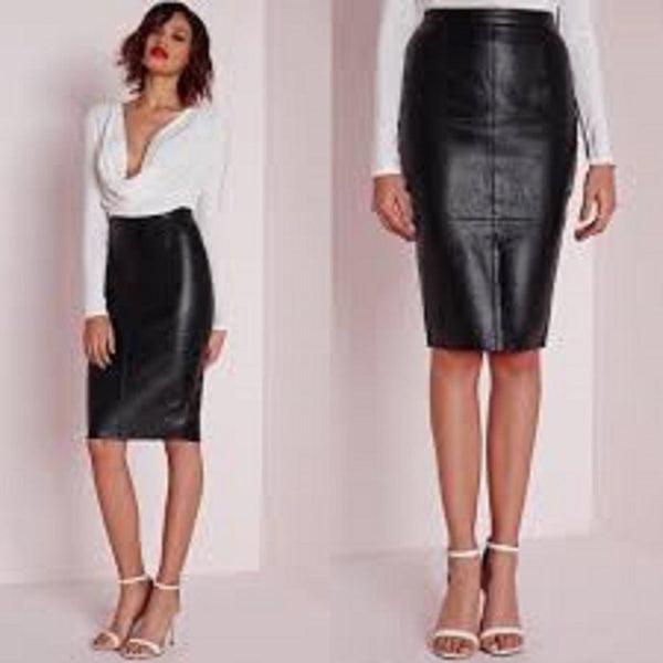 NOORA Handmade Women's LambSkin ,Leather Outfit,Black skirt, Skin Full Leather skirt Made To Order SJ494 - Noora International