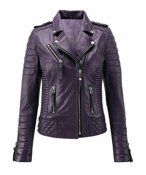 NOORA Infinity Classic Brando Women's Purple Leather Motorcycle Biker Jacket - Noora International