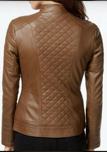 NOORA Ladies Brando Real 100% Lambskin Brown Quilted Biker Leather Jacket RS258 - Noora International