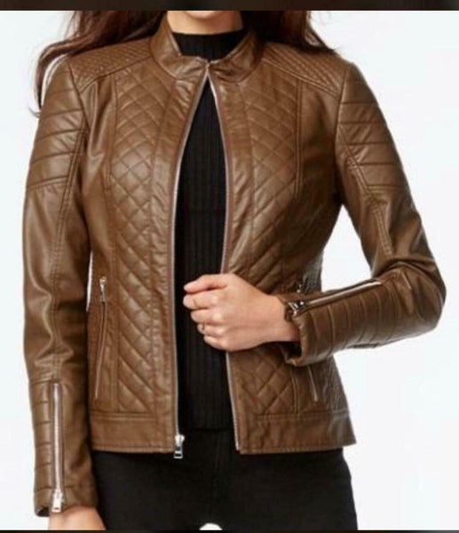 NOORA Ladies Brando Real 100% Lambskin Brown Quilted Biker Leather Jacket RS258 - Noora International